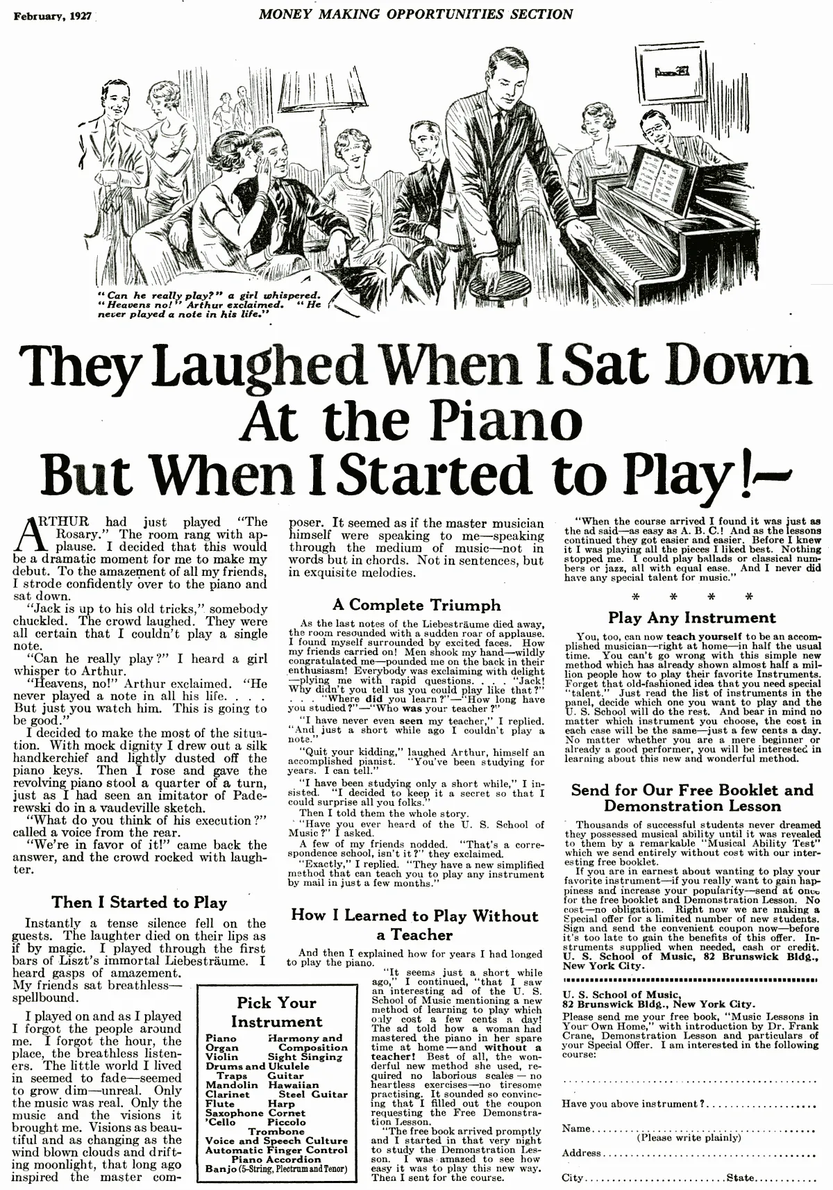 Scansione dell'annuncio storico They laughed when I sat down at the piano di John Caples