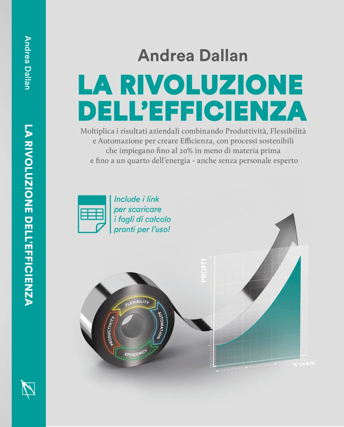 Detail of the La Rivoluzione dell'Efficienza cover spread: spine and front
