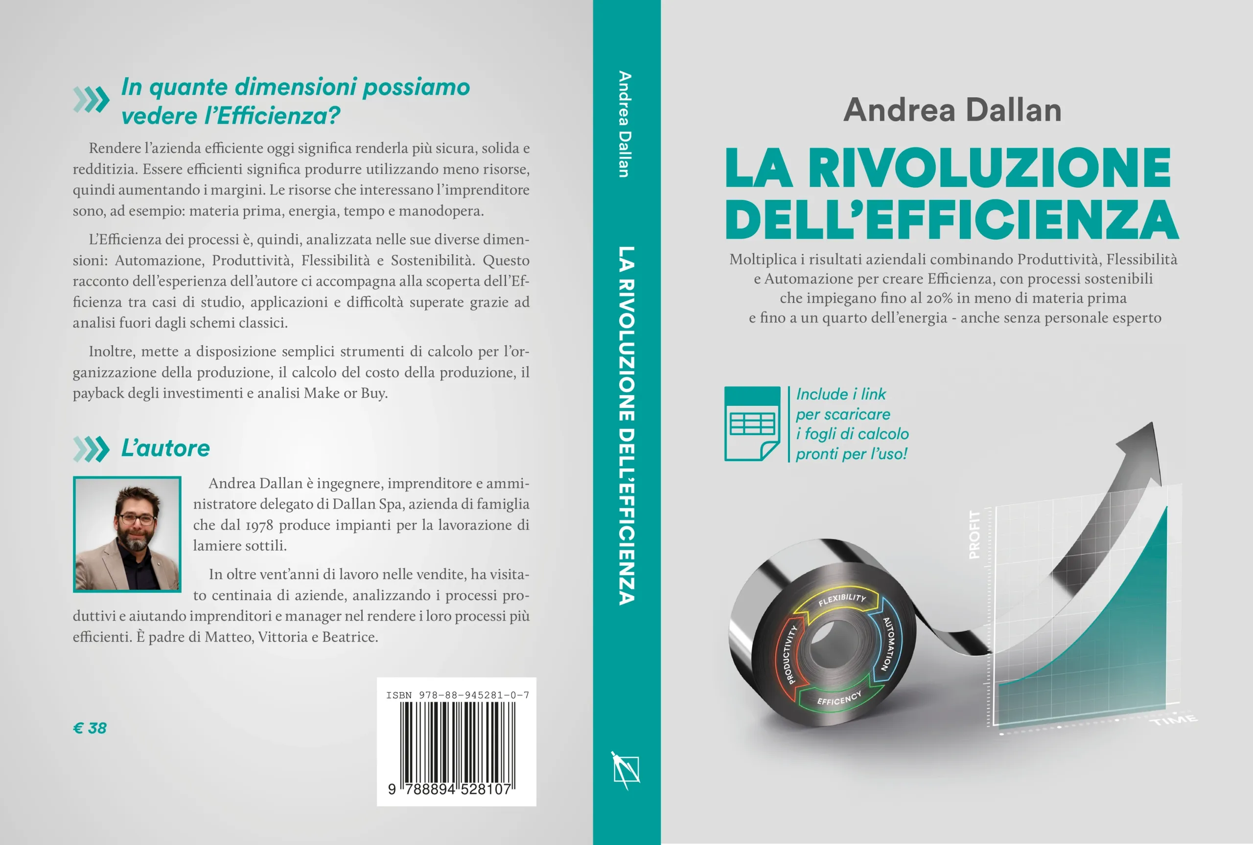 Full cover spread of La Rivoluzione dell'Efficienza: back cover, spine and front